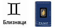 Златно кюлче-медальон „Зодия близнаци” 2.2 г с проба 999.9/1000